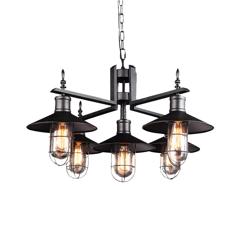 Antiqued Wide Flared Pendant Chandelier Metal 6 Heads Caged Drop Light in Black with Clear Glass Shade Clearhalo 'Cast Iron' 'Ceiling Lights' 'Chandeliers' 'Industrial Chandeliers' 'Industrial' 'Metal' 'Middle Century Chandeliers' 'Rustic Chandeliers' 'Tiffany' Lighting' 612049