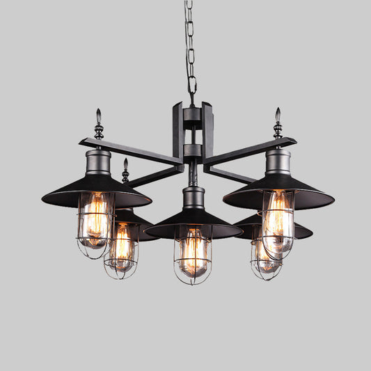 Antiqued Wide Flared Pendant Chandelier Metal 6 Heads Caged Drop Light in Black with Clear Glass Shade Clearhalo 'Cast Iron' 'Ceiling Lights' 'Chandeliers' 'Industrial Chandeliers' 'Industrial' 'Metal' 'Middle Century Chandeliers' 'Rustic Chandeliers' 'Tiffany' Lighting' 612050