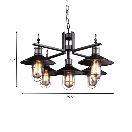 Antiqued Wide Flared Pendant Chandelier Metal 6 Heads Caged Drop Light in Black with Clear Glass Shade Clearhalo 'Cast Iron' 'Ceiling Lights' 'Chandeliers' 'Industrial Chandeliers' 'Industrial' 'Metal' 'Middle Century Chandeliers' 'Rustic Chandeliers' 'Tiffany' Lighting' 612051