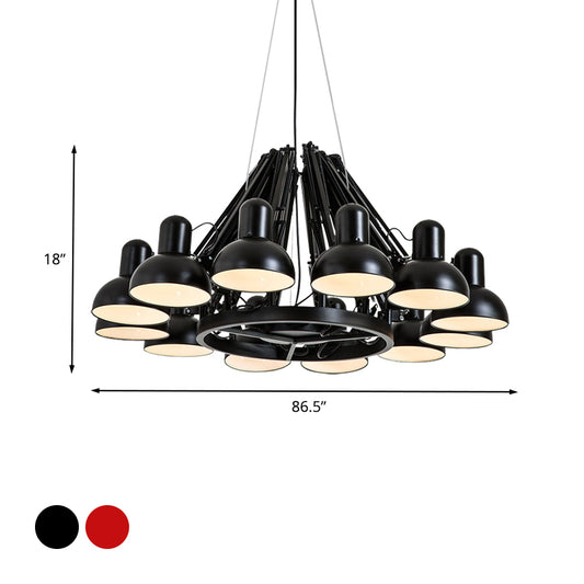Black/Red 12 Bulbs Hanging Lighting Industrial Metal Swing Arm Chandelier Lamp with Dome Shade for Living Room Clearhalo 'Cast Iron' 'Ceiling Lights' 'Chandeliers' 'Industrial Chandeliers' 'Industrial' 'Metal' 'Middle Century Chandeliers' 'Rustic Chandeliers' 'Tiffany' Lighting' 612056