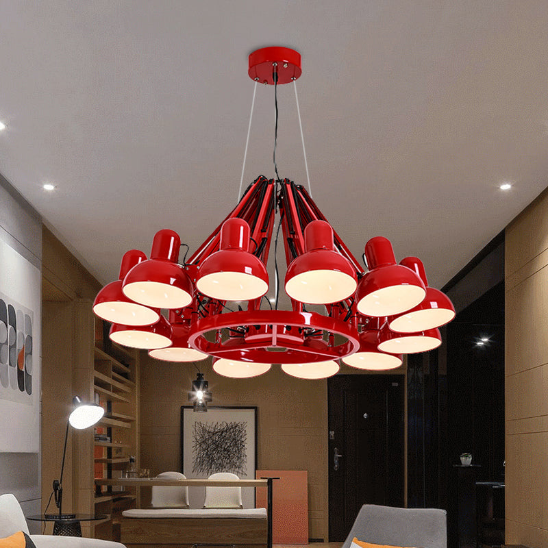 Black/Red 12 Bulbs Hanging Lighting Industrial Metal Swing Arm Chandelier Lamp with Dome Shade for Living Room Clearhalo 'Cast Iron' 'Ceiling Lights' 'Chandeliers' 'Industrial Chandeliers' 'Industrial' 'Metal' 'Middle Century Chandeliers' 'Rustic Chandeliers' 'Tiffany' Lighting' 612058