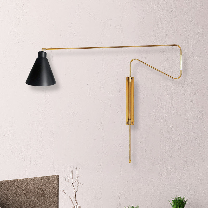 1-Light Metal Wall Lamp Antiqued Coffee/Black/Gold Finish Long Curved Arm Living Room Rotatable Wall Sconce with Cone Shade Gold Clearhalo 'Cast Iron' 'Glass' 'Industrial' 'Modern wall lights' 'Modern' 'Tiffany' 'Traditional wall lights' 'Wall Lamps & Sconces' 'Wall Lights' Lighting' 612139