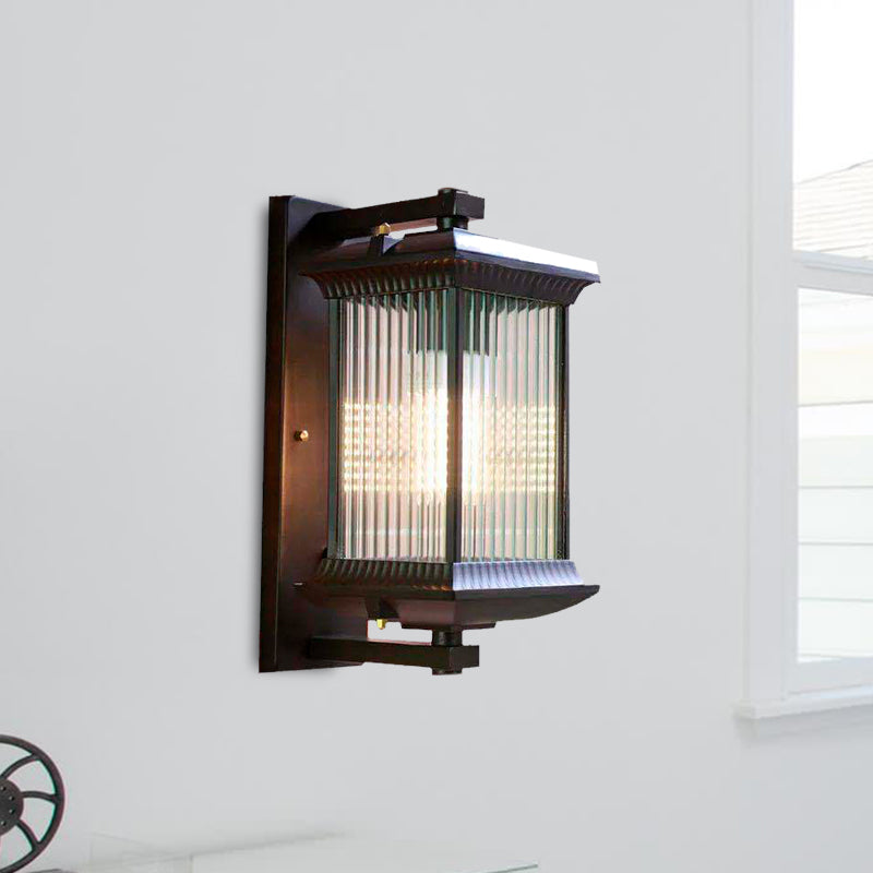 1 Bulb Cuboid Sconce Lighting Rustic Dark Coffee Clear Ribbed Glass Wall Mounted Lamp, 9"/10" Wide Dark Coffee 10" Clearhalo 'Wall Lamps & Sconces' 'Wall Lights' Lighting' 612311
