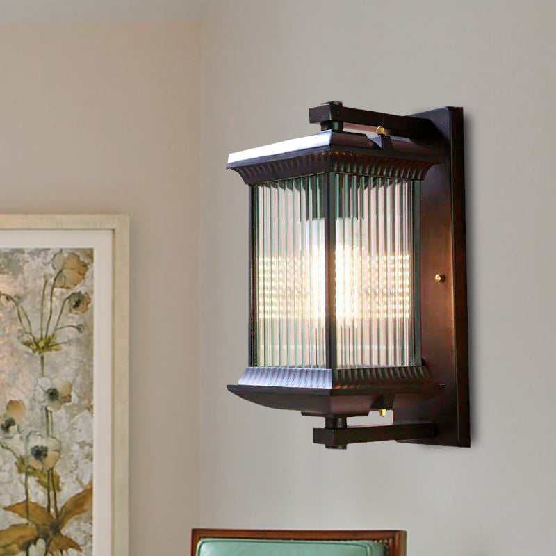 1 Bulb Cuboid Sconce Lighting Rustic Dark Coffee Clear Ribbed Glass Wall Mounted Lamp, 9"/10" Wide Clearhalo 'Wall Lamps & Sconces' 'Wall Lights' Lighting' 612312