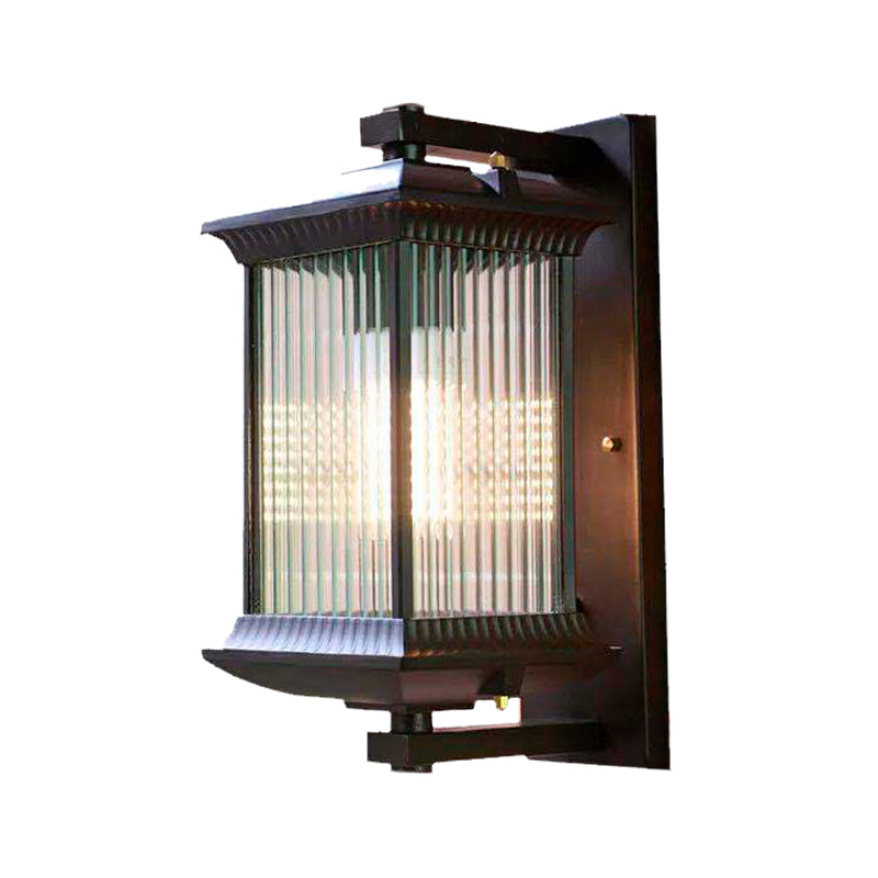 1 Bulb Cuboid Sconce Lighting Rustic Dark Coffee Clear Ribbed Glass Wall Mounted Lamp, 9"/10" Wide Clearhalo 'Wall Lamps & Sconces' 'Wall Lights' Lighting' 612313