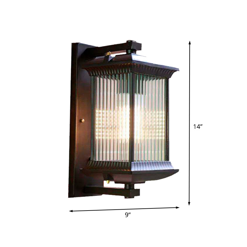 1 Bulb Cuboid Sconce Lighting Rustic Dark Coffee Clear Ribbed Glass Wall Mounted Lamp, 9"/10" Wide Clearhalo 'Wall Lamps & Sconces' 'Wall Lights' Lighting' 612315