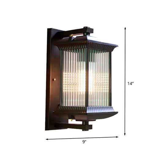 1 Bulb Cuboid Sconce Lighting Rustic Dark Coffee Clear Ribbed Glass Wall Mounted Lamp, 9"/10" Wide Clearhalo 'Wall Lamps & Sconces' 'Wall Lights' Lighting' 612315
