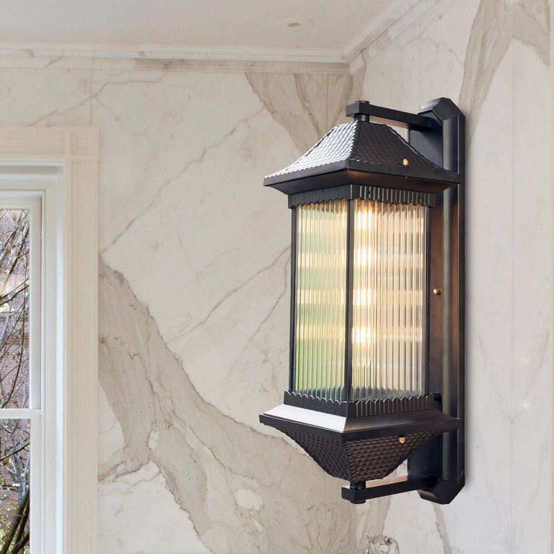 1 Bulb Cuboid Sconce Lighting Rustic Dark Coffee Clear Ribbed Glass Wall Mounted Lamp, 9"/10" Wide Clearhalo 'Wall Lamps & Sconces' 'Wall Lights' Lighting' 612317