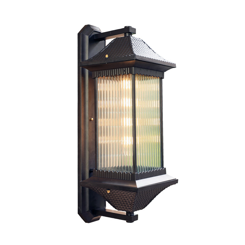 1 Bulb Cuboid Sconce Lighting Rustic Dark Coffee Clear Ribbed Glass Wall Mounted Lamp, 9"/10" Wide Clearhalo 'Wall Lamps & Sconces' 'Wall Lights' Lighting' 612318