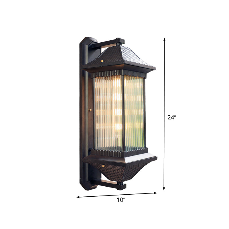 1 Bulb Cuboid Sconce Lighting Rustic Dark Coffee Clear Ribbed Glass Wall Mounted Lamp, 9"/10" Wide Clearhalo 'Wall Lamps & Sconces' 'Wall Lights' Lighting' 612319