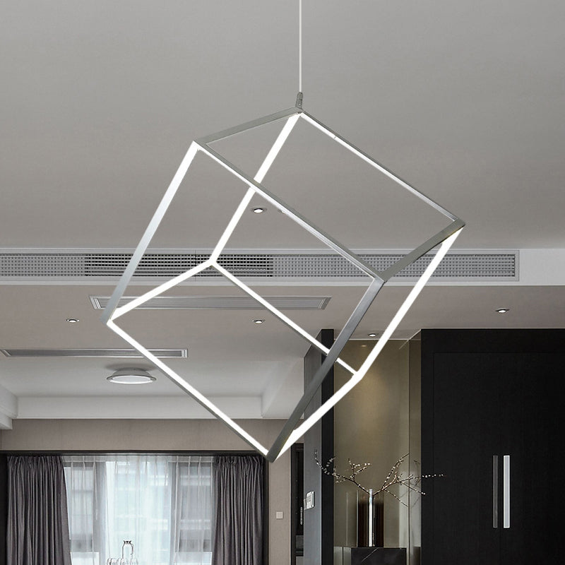 Aluminum Cubic Frame Chandelier Minimalist Gold/Silver LED Hanging Ceiling Light in Warm/White Light for Living Room Silver Clearhalo 'Ceiling Lights' 'Chandeliers' 'Modern Chandeliers' 'Modern' Lighting' 612459