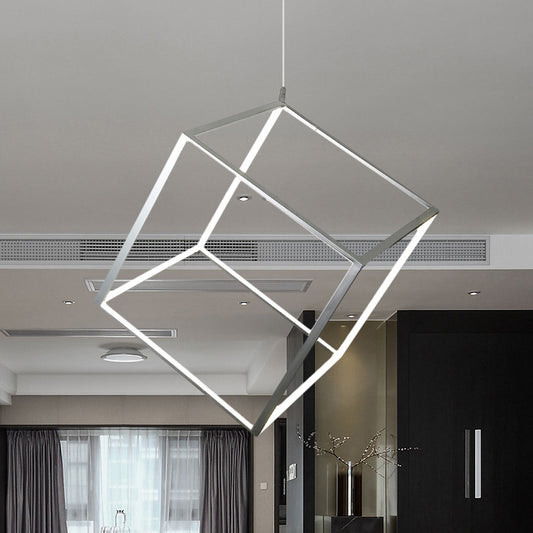 Aluminum Cubic Frame Chandelier Minimalist Gold/Silver LED Hanging Ceiling Light in Warm/White Light for Living Room Silver Clearhalo 'Ceiling Lights' 'Chandeliers' 'Modern Chandeliers' 'Modern' Lighting' 612459