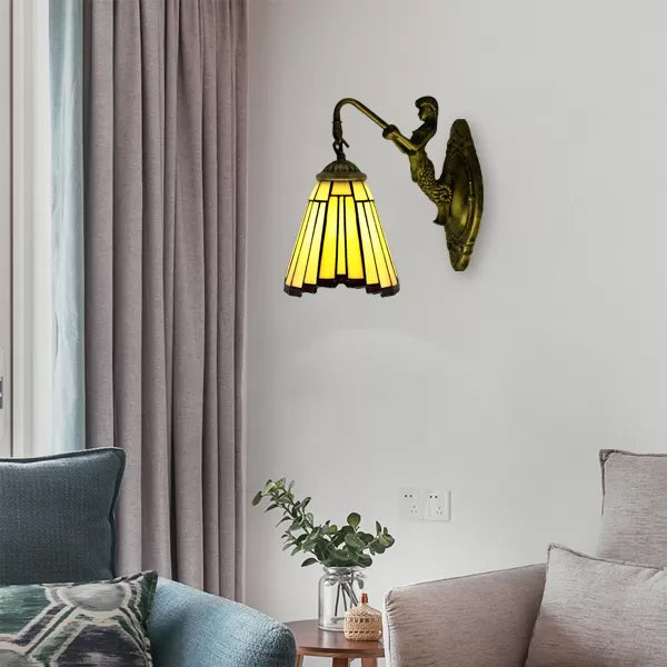 Mini Sconce Light Tiffany Style Stained Glass Single Light Wall Mount Light for Bedroom Yellow Mermaid Clearhalo 'Industrial' 'Middle century wall lights' 'Tiffany wall lights' 'Tiffany' 'Wall Lamps & Sconces' 'Wall Lights' Lighting' 6126
