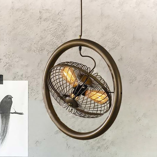 Brass/Black Finish Circle Cage Light Fixture Farmhouse Metal 3 Lights Kitchen Hanging Lamp with Fan Design Brass Clearhalo 'Cast Iron' 'Ceiling Lights' 'Chandeliers' 'Industrial Chandeliers' 'Industrial' 'Metal' 'Middle Century Chandeliers' 'Rustic Chandeliers' 'Tiffany' Lighting' 612615