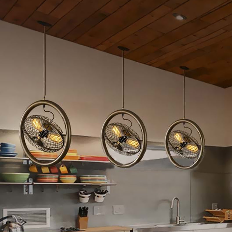 Brass/Black Finish Circle Cage Light Fixture Farmhouse Metal 3 Lights Kitchen Hanging Lamp with Fan Design Clearhalo 'Cast Iron' 'Ceiling Lights' 'Chandeliers' 'Industrial Chandeliers' 'Industrial' 'Metal' 'Middle Century Chandeliers' 'Rustic Chandeliers' 'Tiffany' Lighting' 612616
