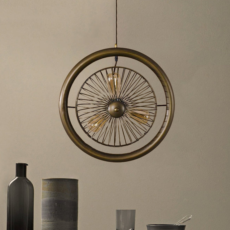 Brass/Black Finish Circle Cage Light Fixture Farmhouse Metal 3 Lights Kitchen Hanging Lamp with Fan Design Clearhalo 'Cast Iron' 'Ceiling Lights' 'Chandeliers' 'Industrial Chandeliers' 'Industrial' 'Metal' 'Middle Century Chandeliers' 'Rustic Chandeliers' 'Tiffany' Lighting' 612617