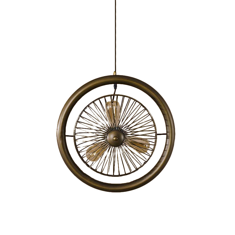 Brass/Black Finish Circle Cage Light Fixture Farmhouse Metal 3 Lights Kitchen Hanging Lamp with Fan Design Clearhalo 'Cast Iron' 'Ceiling Lights' 'Chandeliers' 'Industrial Chandeliers' 'Industrial' 'Metal' 'Middle Century Chandeliers' 'Rustic Chandeliers' 'Tiffany' Lighting' 612618