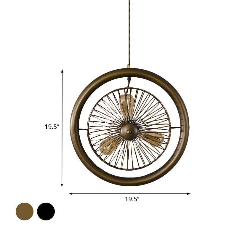 Brass/Black Finish Circle Cage Light Fixture Farmhouse Metal 3 Lights Kitchen Hanging Lamp with Fan Design Clearhalo 'Cast Iron' 'Ceiling Lights' 'Chandeliers' 'Industrial Chandeliers' 'Industrial' 'Metal' 'Middle Century Chandeliers' 'Rustic Chandeliers' 'Tiffany' Lighting' 612619