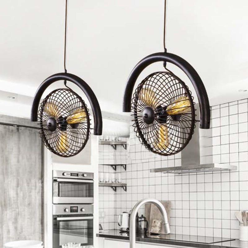 Brass/Black Finish Circle Cage Light Fixture Farmhouse Metal 3 Lights Kitchen Hanging Lamp with Fan Design Clearhalo 'Cast Iron' 'Ceiling Lights' 'Chandeliers' 'Industrial Chandeliers' 'Industrial' 'Metal' 'Middle Century Chandeliers' 'Rustic Chandeliers' 'Tiffany' Lighting' 612621