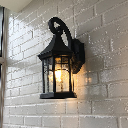 Seedy Glass Black Sconce Light Lantern 1-Light Rustic Wall Lamp Fixture for Porch Garden Clearhalo 'Art deco wall lights' 'Cast Iron' 'Glass' 'Industrial wall lights' 'Industrial' 'Middle century wall lights' 'Modern' 'Rustic wall lights' 'Tiffany' 'Traditional wall lights' 'Wall Lamps & Sconces' 'Wall Lights' Lighting' 612660