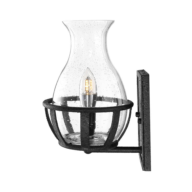 One Bulb Wall Sconce Lighting Bottle Shade Seeded Glass Industrial Living Room Light Fixture in Black Clearhalo 'Cast Iron' 'Glass' 'Industrial wall lights' 'Industrial' 'Middle century wall lights' 'Modern' 'Tiffany' 'Traditional wall lights' 'Wall Lamps & Sconces' 'Wall Lights' Lighting' 612666