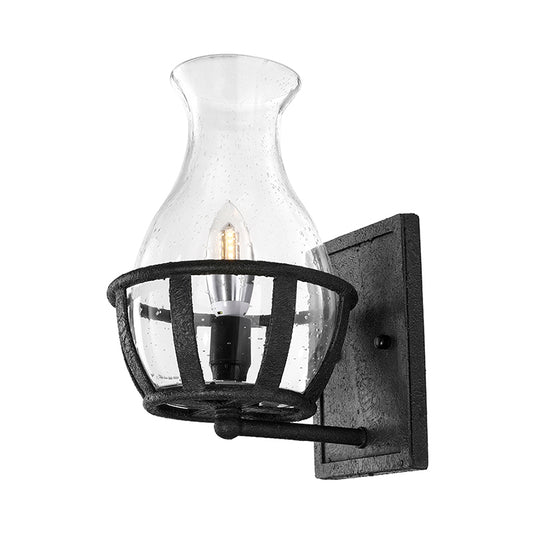 One Bulb Wall Sconce Lighting Bottle Shade Seeded Glass Industrial Living Room Light Fixture in Black Clearhalo 'Cast Iron' 'Glass' 'Industrial wall lights' 'Industrial' 'Middle century wall lights' 'Modern' 'Tiffany' 'Traditional wall lights' 'Wall Lamps & Sconces' 'Wall Lights' Lighting' 612667