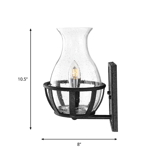 One Bulb Wall Sconce Lighting Bottle Shade Seeded Glass Industrial Living Room Light Fixture in Black Clearhalo 'Cast Iron' 'Glass' 'Industrial wall lights' 'Industrial' 'Middle century wall lights' 'Modern' 'Tiffany' 'Traditional wall lights' 'Wall Lamps & Sconces' 'Wall Lights' Lighting' 612668
