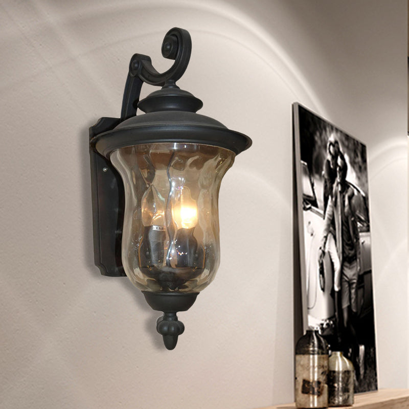 1 Bulb Urn Wall Mounted Light Fixture Industrial Black Water Glass Lighting for Outdoor Clearhalo 'Cast Iron' 'Glass' 'Industrial wall lights' 'Industrial' 'Middle century wall lights' 'Modern' 'Tiffany' 'Traditional wall lights' 'Wall Lamps & Sconces' 'Wall Lights' Lighting' 612671