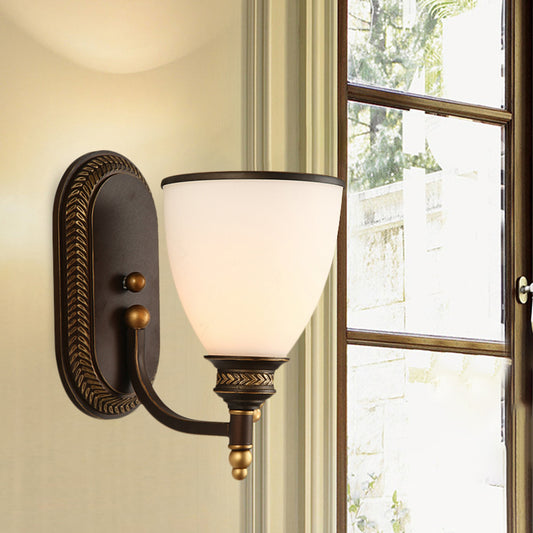 Bowl Shade Opal Glass Wall Mounted Lamp Rustic Single Bulb Bedroom Sconce Light in Bronze Clearhalo 'Cast Iron' 'Glass' 'Industrial wall lights' 'Industrial' 'Middle century wall lights' 'Modern' 'Tiffany' 'Traditional wall lights' 'Wall Lamps & Sconces' 'Wall Lights' Lighting' 612675