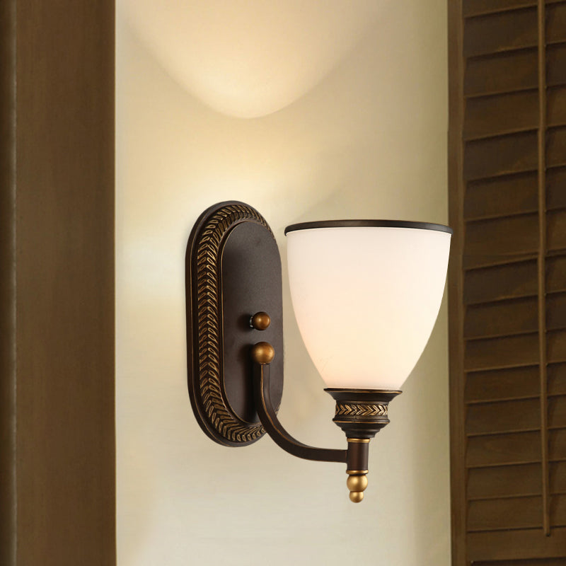 Bowl Shade Opal Glass Wall Mounted Lamp Rustic Single Bulb Bedroom Sconce Light in Bronze Clearhalo 'Cast Iron' 'Glass' 'Industrial wall lights' 'Industrial' 'Middle century wall lights' 'Modern' 'Tiffany' 'Traditional wall lights' 'Wall Lamps & Sconces' 'Wall Lights' Lighting' 612676