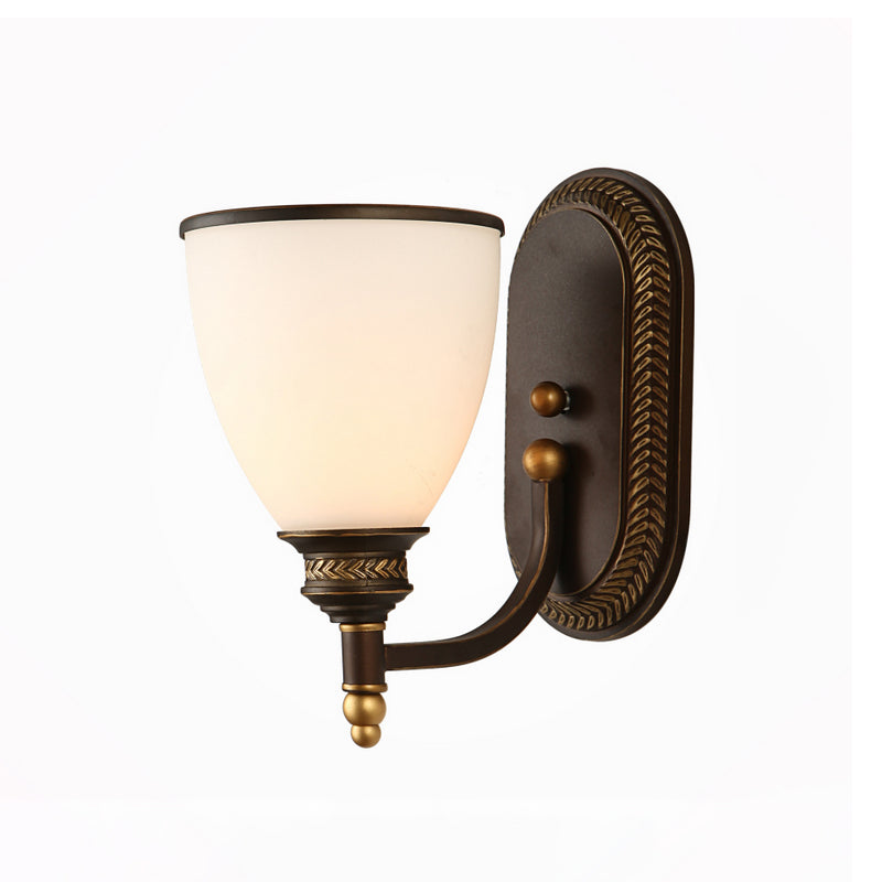 Bowl Shade Opal Glass Wall Mounted Lamp Rustic Single Bulb Bedroom Sconce Light in Bronze Clearhalo 'Cast Iron' 'Glass' 'Industrial wall lights' 'Industrial' 'Middle century wall lights' 'Modern' 'Tiffany' 'Traditional wall lights' 'Wall Lamps & Sconces' 'Wall Lights' Lighting' 612677