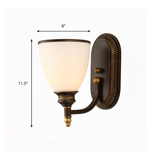 Bowl Shade Opal Glass Wall Mounted Lamp Rustic Single Bulb Bedroom Sconce Light in Bronze Clearhalo 'Cast Iron' 'Glass' 'Industrial wall lights' 'Industrial' 'Middle century wall lights' 'Modern' 'Tiffany' 'Traditional wall lights' 'Wall Lamps & Sconces' 'Wall Lights' Lighting' 612678