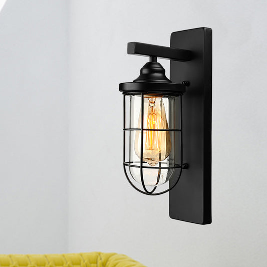 1 Bulb Cylinder Wall Mounted Light Fixture Industrial Black Clear Glass Lighting with Cage Clearhalo 'Art deco wall lights' 'Cast Iron' 'Glass' 'Industrial wall lights' 'Industrial' 'Middle century wall lights' 'Modern' 'Rustic wall lights' 'Tiffany' 'Traditional wall lights' 'Wall Lamps & Sconces' 'Wall Lights' Lighting' 612680
