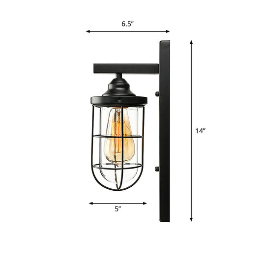1 Bulb Cylinder Wall Mounted Light Fixture Industrial Black Clear Glass Lighting with Cage Clearhalo 'Art deco wall lights' 'Cast Iron' 'Glass' 'Industrial wall lights' 'Industrial' 'Middle century wall lights' 'Modern' 'Rustic wall lights' 'Tiffany' 'Traditional wall lights' 'Wall Lamps & Sconces' 'Wall Lights' Lighting' 612683