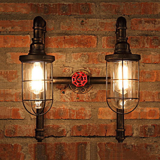 Nautical Wire Frame Sconce Light with Inner Clear Glass Shade and Valve 2 Bulbs Iron Wall Lighting in Aged Brass Clearhalo 'Art deco wall lights' 'Cast Iron' 'Glass' 'Industrial wall lights' 'Industrial' 'Middle century wall lights' 'Modern' 'Rustic wall lights' 'Tiffany' 'Traditional wall lights' 'Wall Lamps & Sconces' 'Wall Lights' Lighting' 612691
