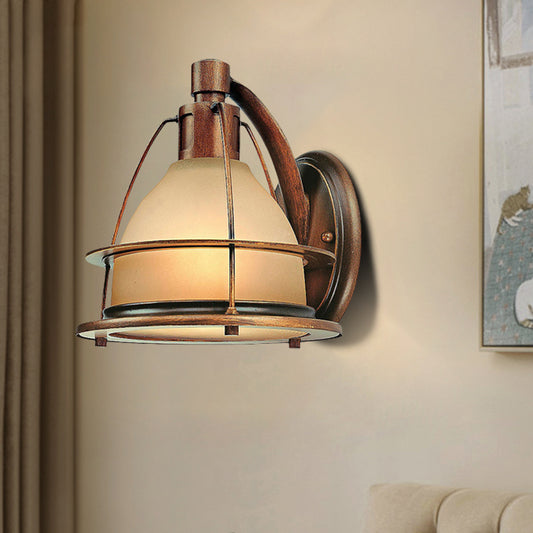 Bronze 1 Light Wall Light Sconce Warehouse Frosted Glass Dome Wall Mounted Lighting with Metal Frame Clearhalo 'Cast Iron' 'Glass' 'Industrial wall lights' 'Industrial' 'Middle century wall lights' 'Modern' 'Tiffany' 'Traditional wall lights' 'Wall Lamps & Sconces' 'Wall Lights' Lighting' 612695