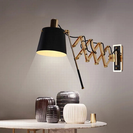 Barrel Shade Corridor Wall Lamp Retro Style Metallic 1 Head Extendable Wall Light Fixture in Black and Gold Black-Gold Clearhalo 'Cast Iron' 'Glass' 'Industrial' 'Modern wall lights' 'Modern' 'Tiffany' 'Traditional wall lights' 'Wall Lamps & Sconces' 'Wall Lights' Lighting' 612709