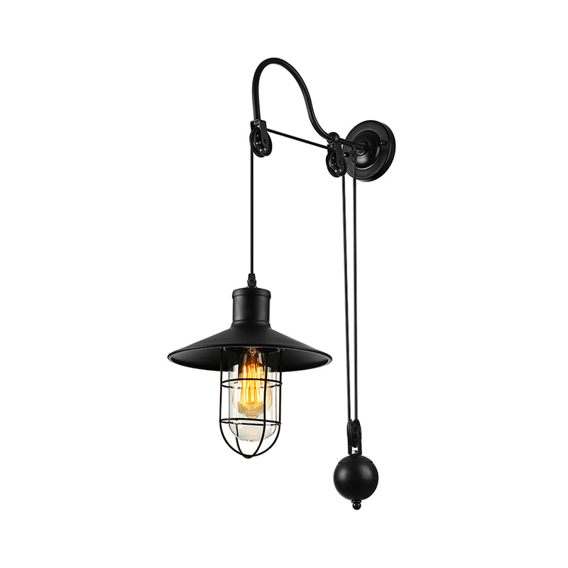Black One Light Sconce Light Industrial Clear Glass Caged Lighting Fixture with Adjustable Pulley Clearhalo 'Art deco wall lights' 'Cast Iron' 'Glass' 'Industrial wall lights' 'Industrial' 'Middle century wall lights' 'Modern' 'Rustic wall lights' 'Tiffany' 'Traditional wall lights' 'Wall Lamps & Sconces' 'Wall Lights' Lighting' 612726