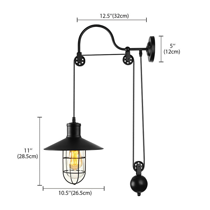 Black One Light Sconce Light Industrial Clear Glass Caged Lighting Fixture with Adjustable Pulley Clearhalo 'Art deco wall lights' 'Cast Iron' 'Glass' 'Industrial wall lights' 'Industrial' 'Middle century wall lights' 'Modern' 'Rustic wall lights' 'Tiffany' 'Traditional wall lights' 'Wall Lamps & Sconces' 'Wall Lights' Lighting' 612728