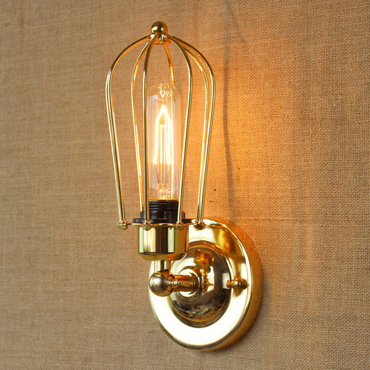 1 Head Mini Wall Sconce Light with Cage Shade Vintage Style Dark Rust/Brass Metallic Wall Lamp for Living Room Brass Clearhalo 'Art deco wall lights' 'Cast Iron' 'Glass' 'Industrial wall lights' 'Industrial' 'Middle century wall lights' 'Modern' 'Rustic wall lights' 'Tiffany' 'Traditional wall lights' 'Wall Lamps & Sconces' 'Wall Lights' Lighting' 612734