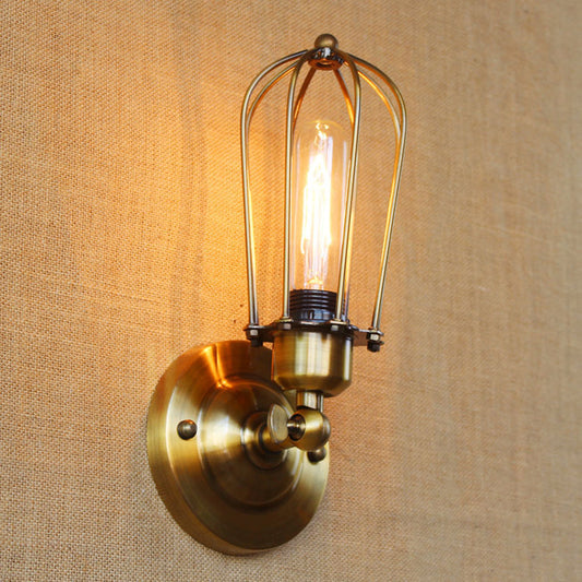 1 Head Mini Wall Sconce Light with Cage Shade Vintage Style Dark Rust/Brass Metallic Wall Lamp for Living Room Clearhalo 'Art deco wall lights' 'Cast Iron' 'Glass' 'Industrial wall lights' 'Industrial' 'Middle century wall lights' 'Modern' 'Rustic wall lights' 'Tiffany' 'Traditional wall lights' 'Wall Lamps & Sconces' 'Wall Lights' Lighting' 612735