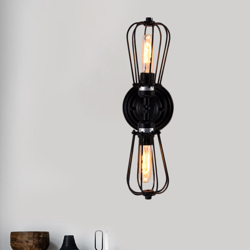 Black/Bronze Caged Sconce Light Antique Style Wrought Iron 2 Lights Mini Wall Lamp for Dining Room Clearhalo 'Art deco wall lights' 'Cast Iron' 'Glass' 'Industrial wall lights' 'Industrial' 'Middle century wall lights' 'Modern wall lights' 'Modern' 'Rustic wall lights' 'Tiffany' 'Traditional wall lights' 'Wall Lamps & Sconces' 'Wall Lights' Lighting' 612749