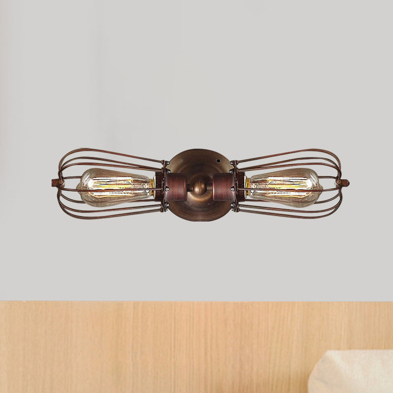 Black/Bronze Caged Sconce Light Antique Style Wrought Iron 2 Lights Mini Wall Lamp for Dining Room Clearhalo 'Art deco wall lights' 'Cast Iron' 'Glass' 'Industrial wall lights' 'Industrial' 'Middle century wall lights' 'Modern wall lights' 'Modern' 'Rustic wall lights' 'Tiffany' 'Traditional wall lights' 'Wall Lamps & Sconces' 'Wall Lights' Lighting' 612754