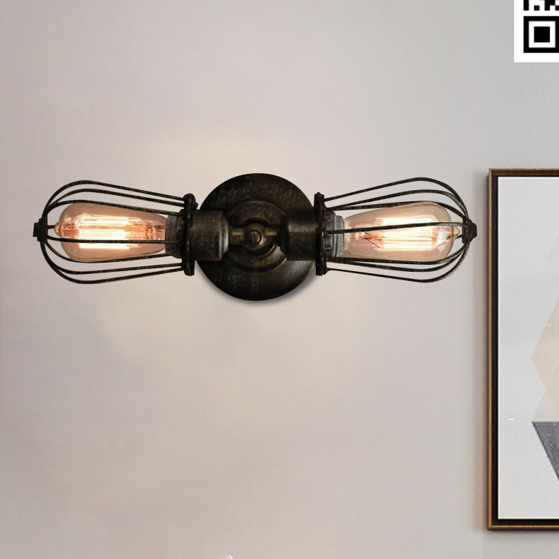Black/Bronze Caged Sconce Light Antique Style Wrought Iron 2 Lights Mini Wall Lamp for Dining Room Clearhalo 'Art deco wall lights' 'Cast Iron' 'Glass' 'Industrial wall lights' 'Industrial' 'Middle century wall lights' 'Modern wall lights' 'Modern' 'Rustic wall lights' 'Tiffany' 'Traditional wall lights' 'Wall Lamps & Sconces' 'Wall Lights' Lighting' 612757