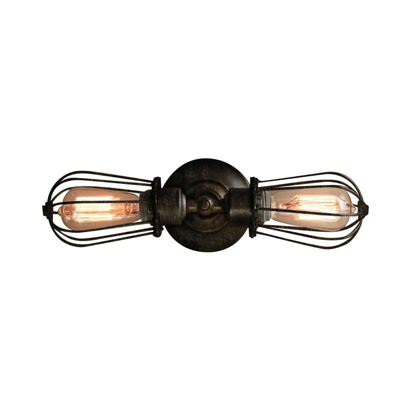 Black/Bronze Caged Sconce Light Antique Style Wrought Iron 2 Lights Mini Wall Lamp for Dining Room Clearhalo 'Art deco wall lights' 'Cast Iron' 'Glass' 'Industrial wall lights' 'Industrial' 'Middle century wall lights' 'Modern wall lights' 'Modern' 'Rustic wall lights' 'Tiffany' 'Traditional wall lights' 'Wall Lamps & Sconces' 'Wall Lights' Lighting' 612759