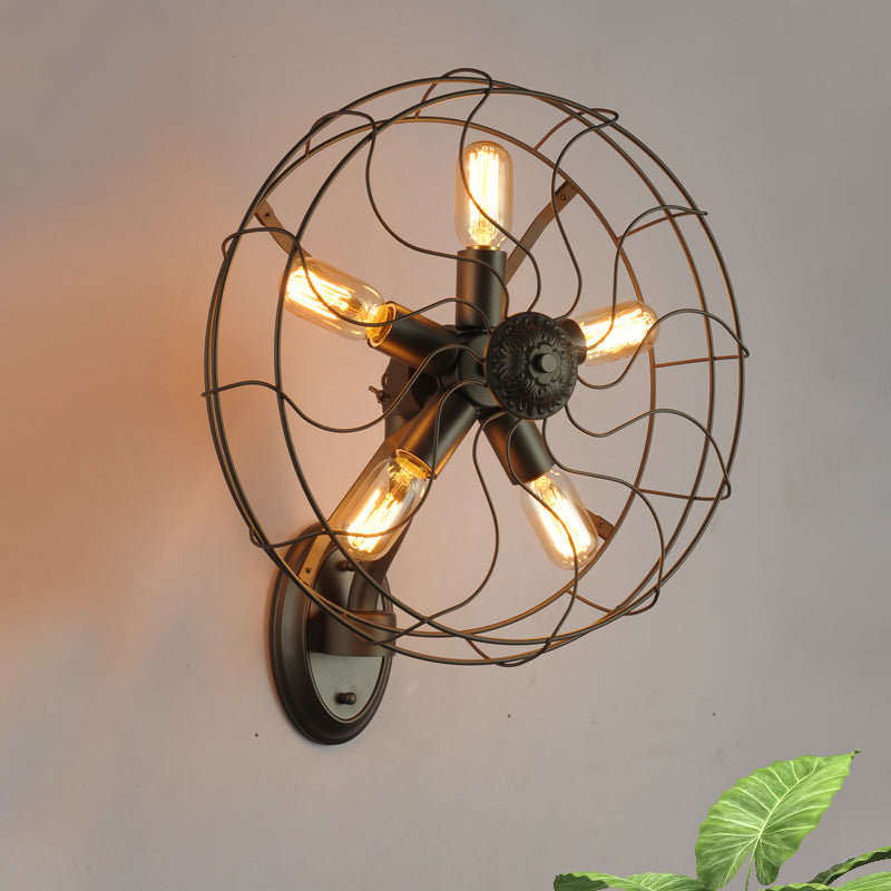 Black Wire Frame Wall Sconce with Fan Design Industrial Metal 5 Lights Corridor Wall Mount Light Black Clearhalo 'Art deco wall lights' 'Cast Iron' 'Glass' 'Industrial wall lights' 'Industrial' 'Middle century wall lights' 'Modern' 'Rustic wall lights' 'Tiffany' 'Traditional wall lights' 'Wall Lamps & Sconces' 'Wall Lights' Lighting' 612765