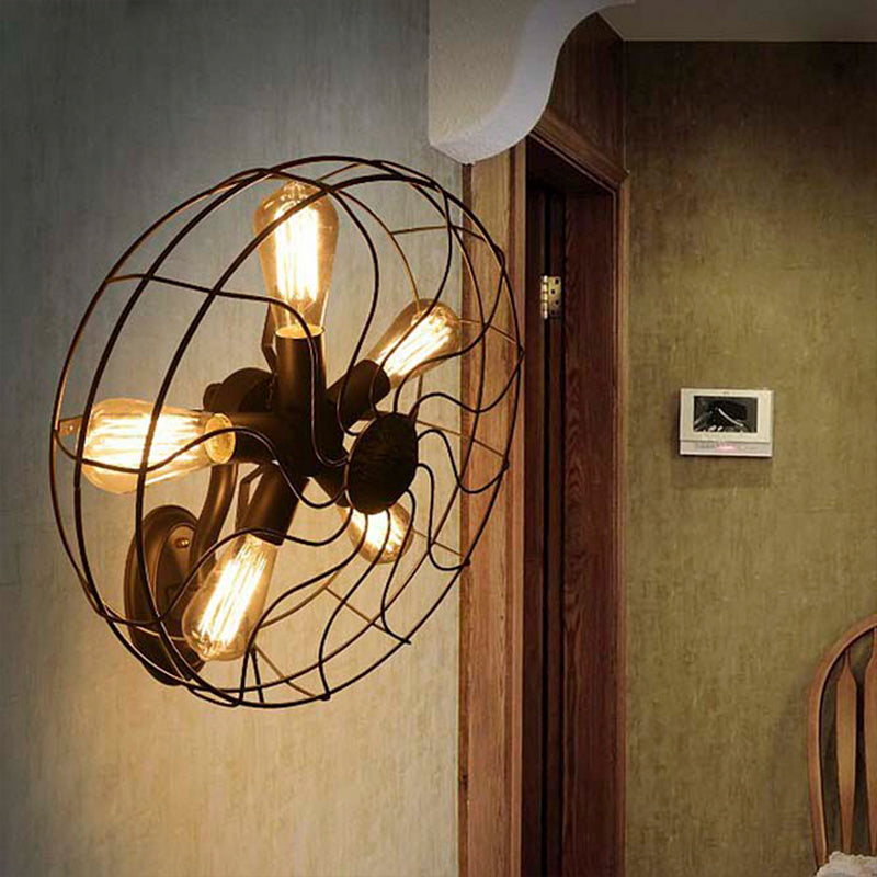 Black Wire Frame Wall Sconce with Fan Design Industrial Metal 5 Lights Corridor Wall Mount Light Clearhalo 'Art deco wall lights' 'Cast Iron' 'Glass' 'Industrial wall lights' 'Industrial' 'Middle century wall lights' 'Modern' 'Rustic wall lights' 'Tiffany' 'Traditional wall lights' 'Wall Lamps & Sconces' 'Wall Lights' Lighting' 612766
