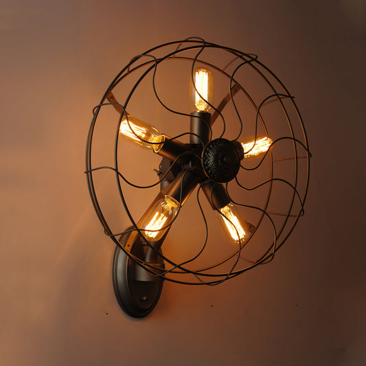 Black Wire Frame Wall Sconce with Fan Design Industrial Metal 5 Lights Corridor Wall Mount Light Clearhalo 'Art deco wall lights' 'Cast Iron' 'Glass' 'Industrial wall lights' 'Industrial' 'Middle century wall lights' 'Modern' 'Rustic wall lights' 'Tiffany' 'Traditional wall lights' 'Wall Lamps & Sconces' 'Wall Lights' Lighting' 612767