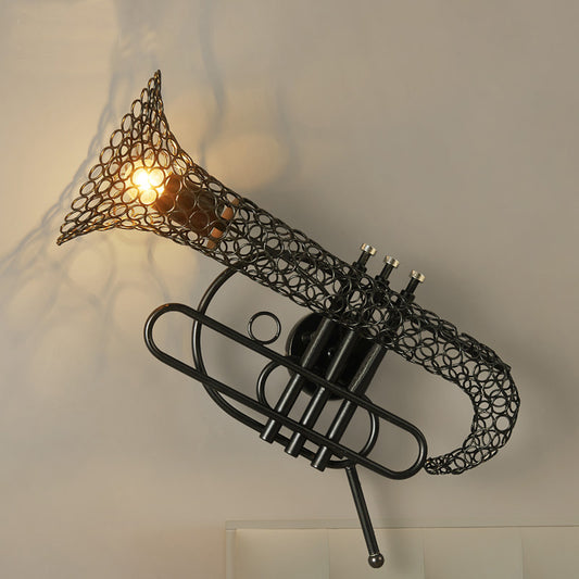 1 Light Saxophone Wall Sconce Lighting with Mesh Shade Vintage Black/Brass Iron Wall Mount Lamp for Bedroom Brass Clearhalo 'Art deco wall lights' 'Cast Iron' 'Glass' 'Industrial wall lights' 'Industrial' 'Middle century wall lights' 'Modern' 'Rustic wall lights' 'Tiffany' 'Traditional wall lights' 'Wall Lamps & Sconces' 'Wall Lights' Lighting' 612770