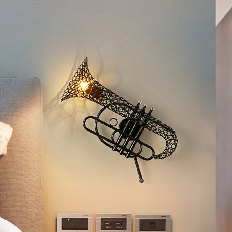 1 Light Saxophone Wall Sconce Lighting with Mesh Shade Vintage Black/Brass Iron Wall Mount Lamp for Bedroom Clearhalo 'Art deco wall lights' 'Cast Iron' 'Glass' 'Industrial wall lights' 'Industrial' 'Middle century wall lights' 'Modern' 'Rustic wall lights' 'Tiffany' 'Traditional wall lights' 'Wall Lamps & Sconces' 'Wall Lights' Lighting' 612771
